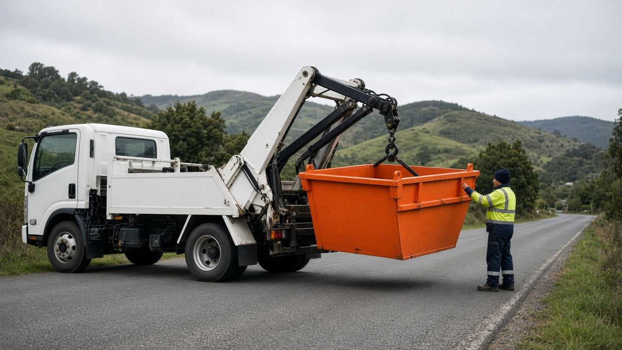 Orange skip bin being lowered from a truck while a man in a beanie guides it