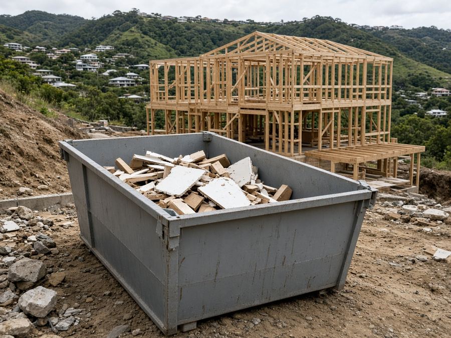 Grey skip bin on a hillside building site