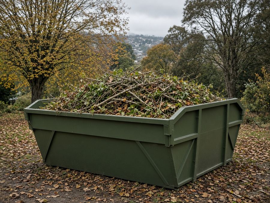 Green skip bin with branches and autumn leaves