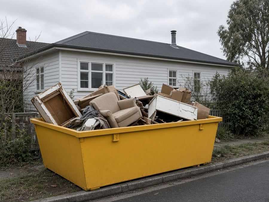 Yellow skip bin with an old armchair during a house clean-out
