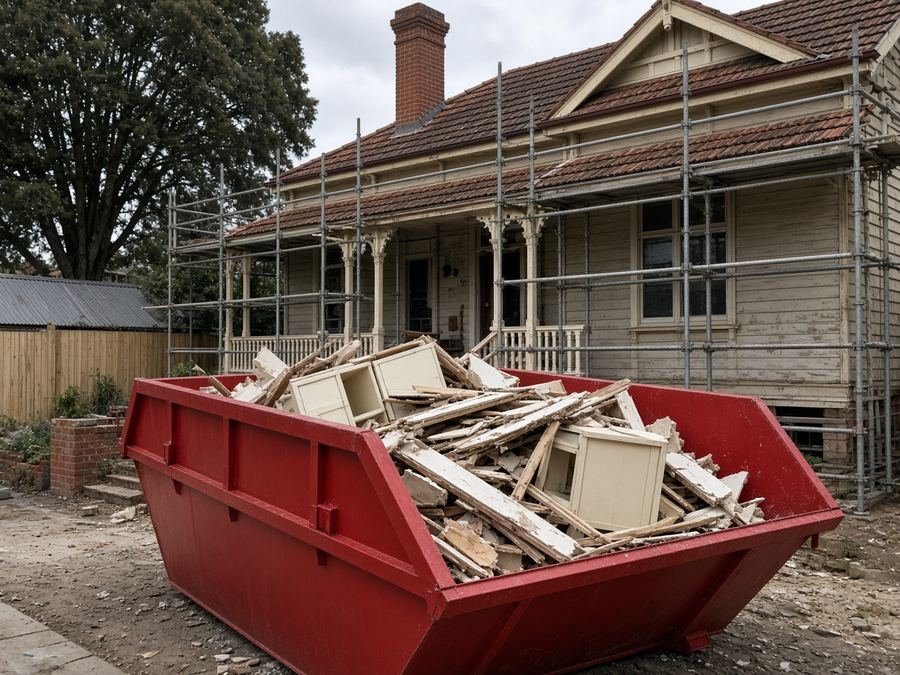 Red skip bin outside a Federation house with scaffolding