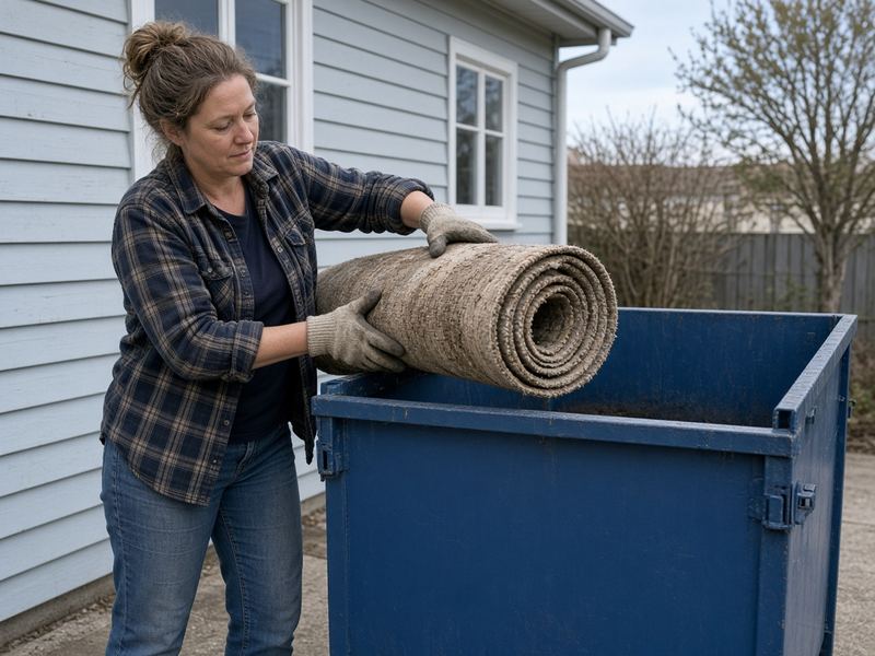 Woman putting an old rug into a blue skip bin