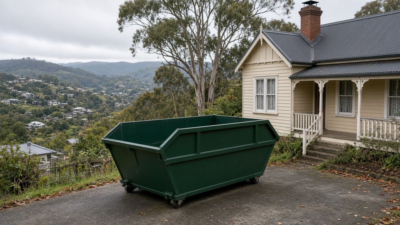 Dark green skip bin outside a weatherboard house with hills behind