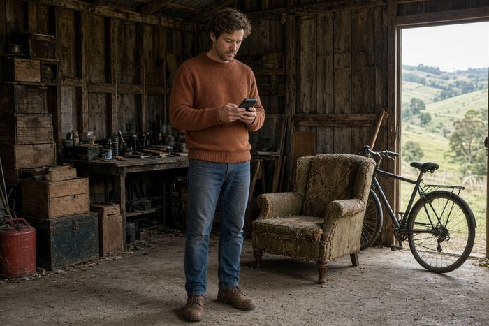 Man in his garage with an old armchair and a bike ready for a clean-out