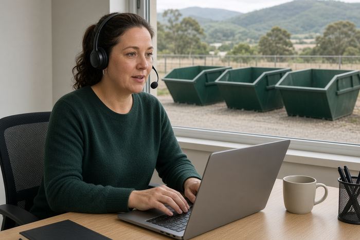 Office worker with a headset taking a booking, with green skip bins outside the window