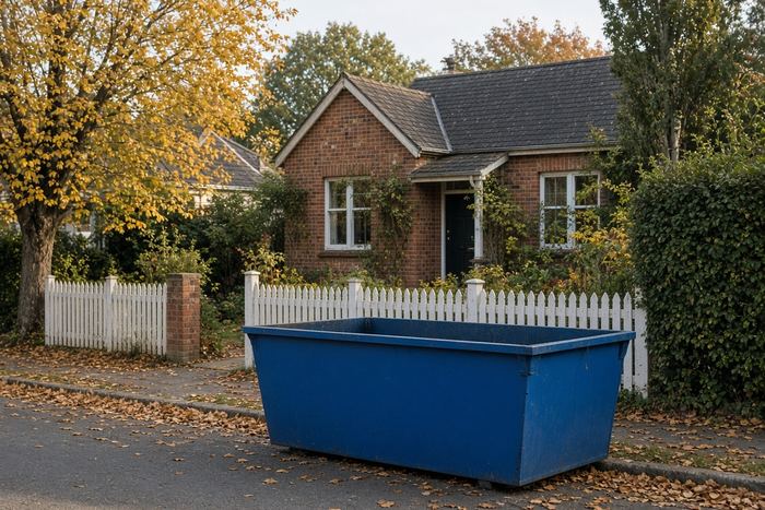 Blue skip bin outside a brick cottage with a picket fence and autumn trees